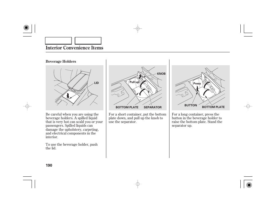 Interior convenience items | Acura 2007 RL - Owner's Manual User Manual | Page 192 / 491
