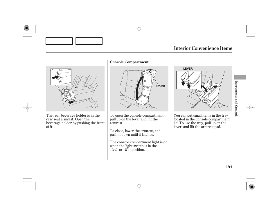 Interior convenience items | Acura 2007 RL - Owner's Manual User Manual | Page 193 / 491