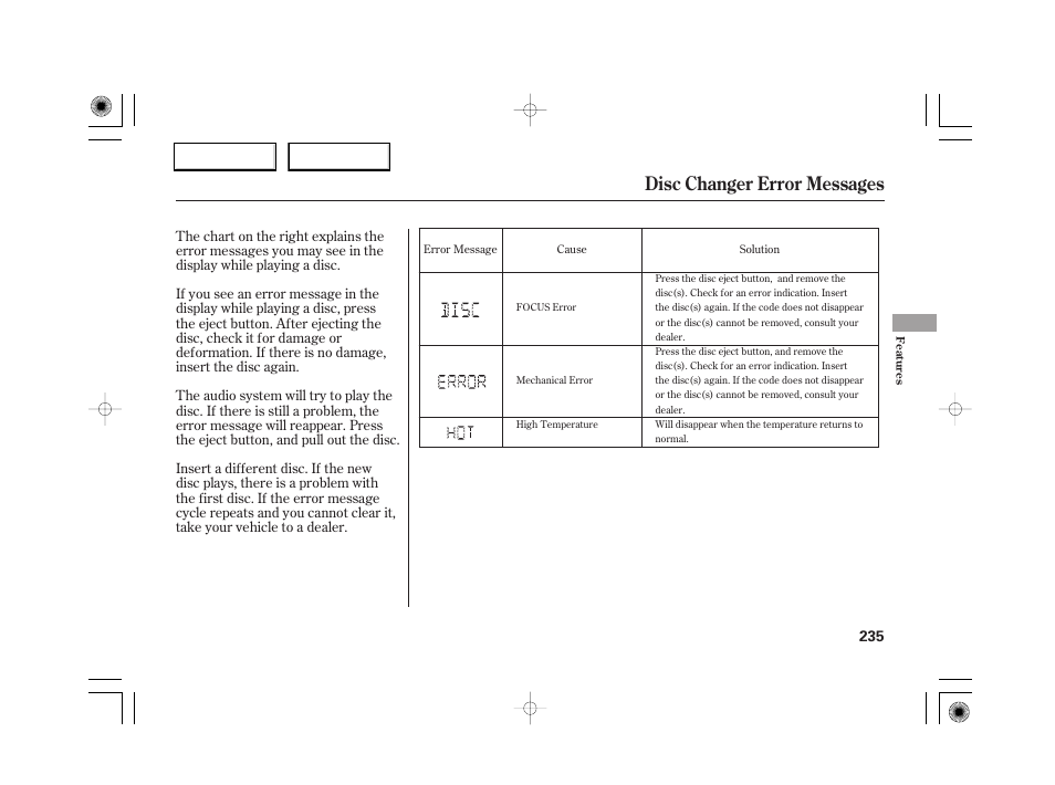 Disc changer error messages | Acura 2007 RL - Owner's Manual User Manual | Page 237 / 491