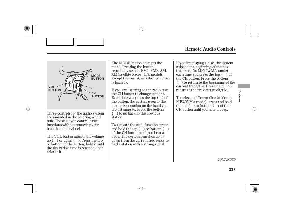 Remote audio controls | Acura 2007 RL - Owner's Manual User Manual | Page 239 / 491