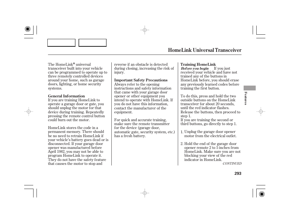 Homelink universal transceiver | Acura 2007 RL - Owner's Manual User Manual | Page 295 / 491