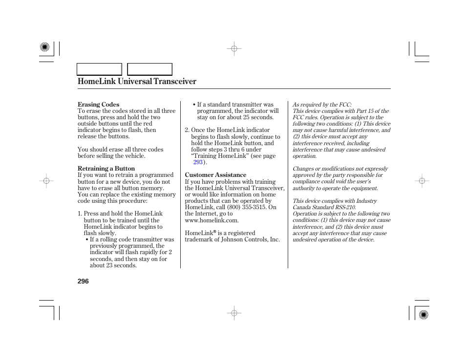 Homelink universal transceiver | Acura 2007 RL - Owner's Manual User Manual | Page 298 / 491