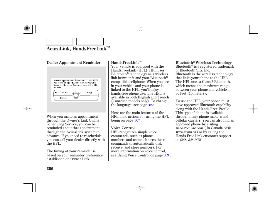 Acuralink, handsfreelink | Acura 2007 RL - Owner's Manual User Manual | Page 308 / 491