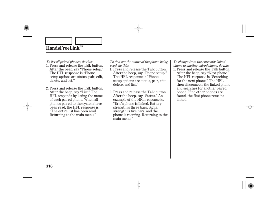Handsfreelink | Acura 2007 RL - Owner's Manual User Manual | Page 318 / 491