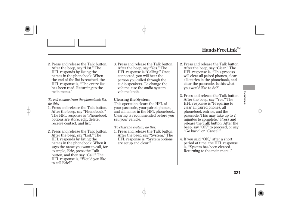 Handsfreelink | Acura 2007 RL - Owner's Manual User Manual | Page 323 / 491