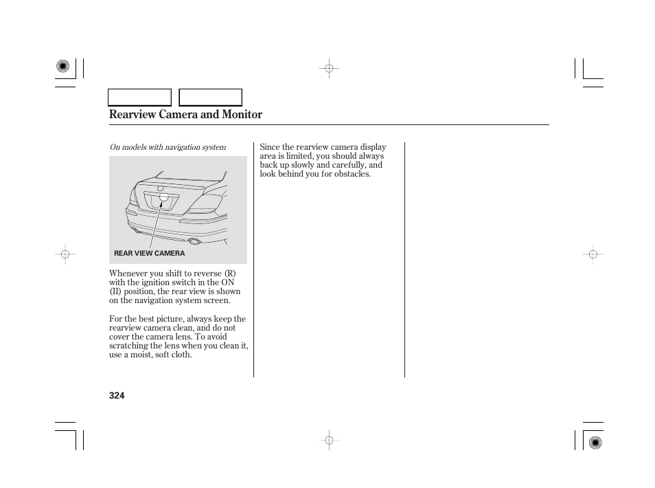 Rearview camera and monitor | Acura 2007 RL - Owner's Manual User Manual | Page 326 / 491