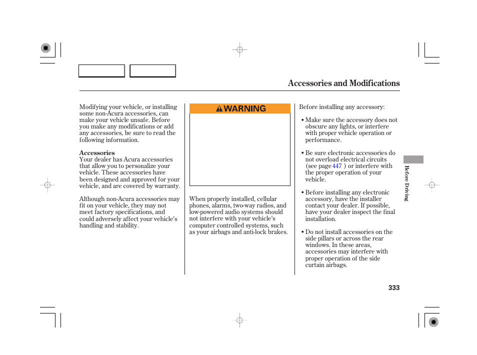 Accessories and modifications | Acura 2007 RL - Owner's Manual User Manual | Page 335 / 491