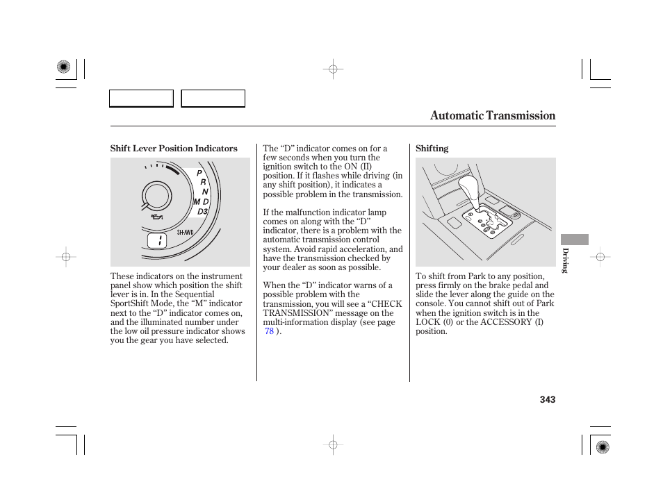 Automatic transmission | Acura 2007 RL - Owner's Manual User Manual | Page 345 / 491