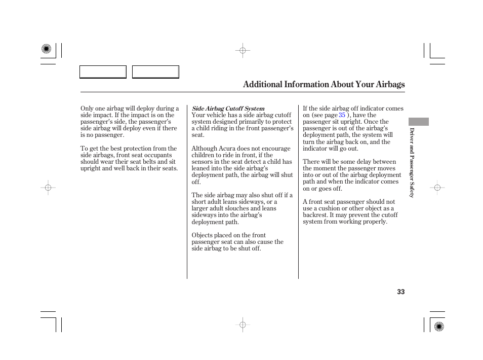 Additional information about your airbags | Acura 2007 RL - Owner's Manual User Manual | Page 35 / 491