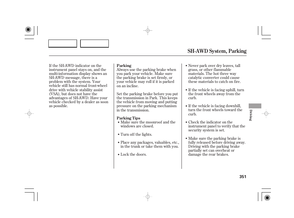 Sh-awd system, parking | Acura 2007 RL - Owner's Manual User Manual | Page 353 / 491