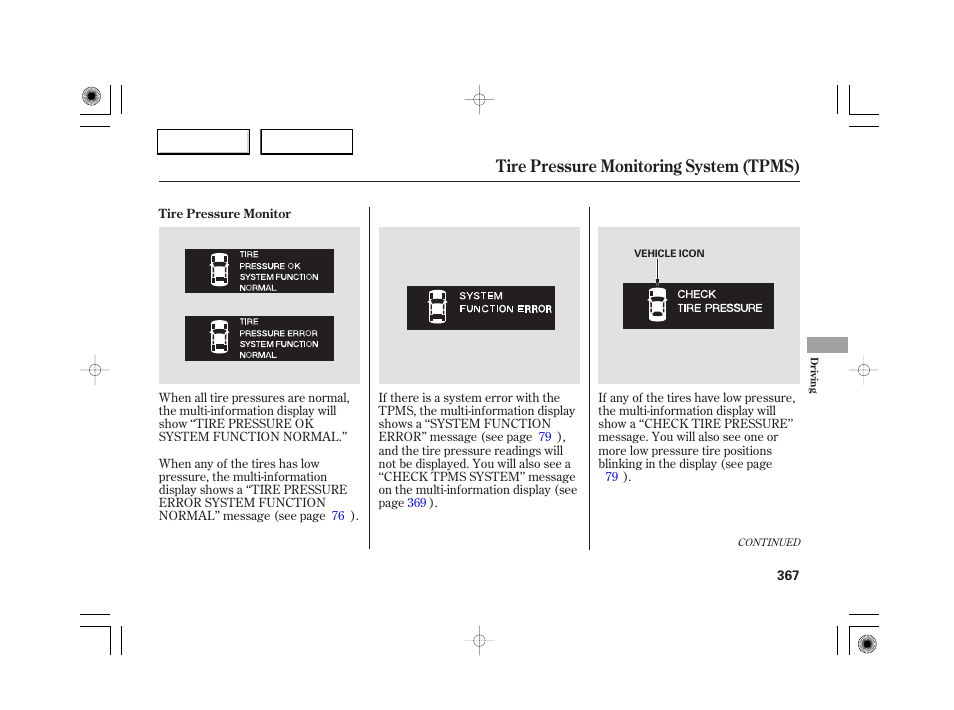 Tire pressure monitoring system (tpms) | Acura 2007 RL - Owner's Manual User Manual | Page 369 / 491