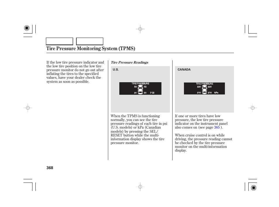 Tire pressure monitoring system (tpms) | Acura 2007 RL - Owner's Manual User Manual | Page 370 / 491