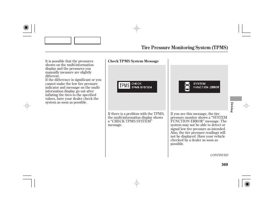 Tire pressure monitoring system (tpms) | Acura 2007 RL - Owner's Manual User Manual | Page 371 / 491