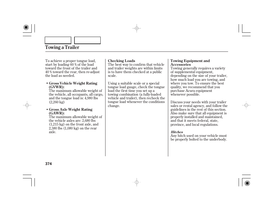 Towing a trailer | Acura 2007 RL - Owner's Manual User Manual | Page 376 / 491