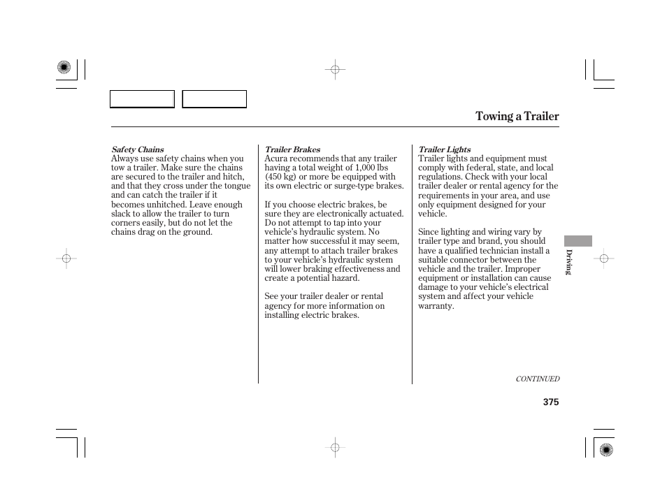 Towing a trailer | Acura 2007 RL - Owner's Manual User Manual | Page 377 / 491