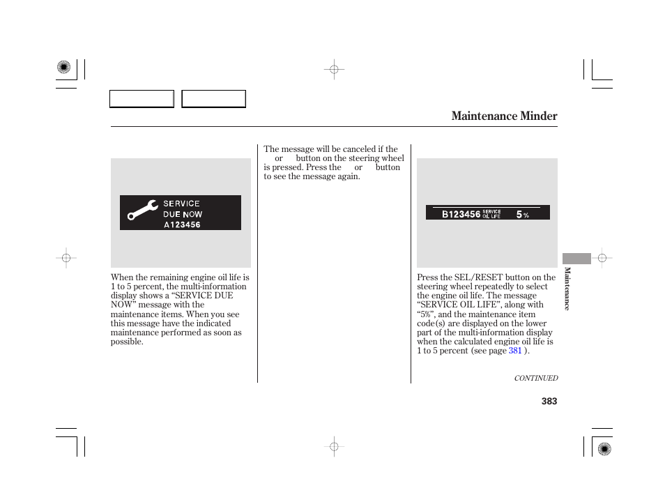 Maintenance minder | Acura 2007 RL - Owner's Manual User Manual | Page 385 / 491