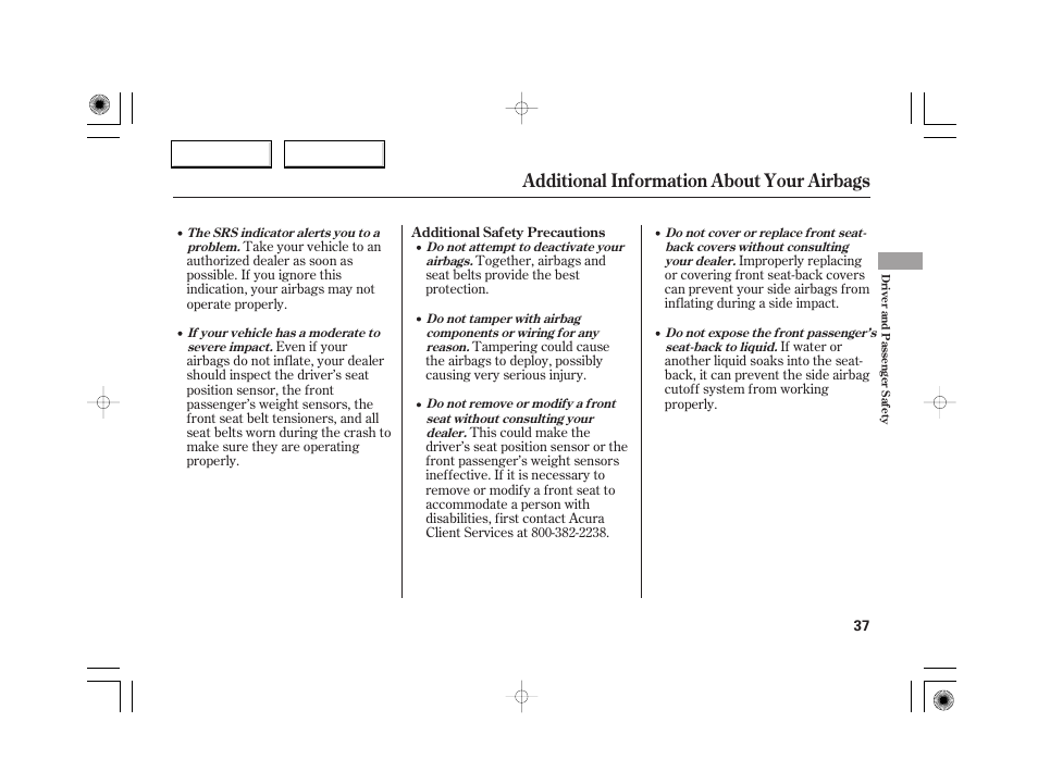 Additional information about your airbags | Acura 2007 RL - Owner's Manual User Manual | Page 39 / 491