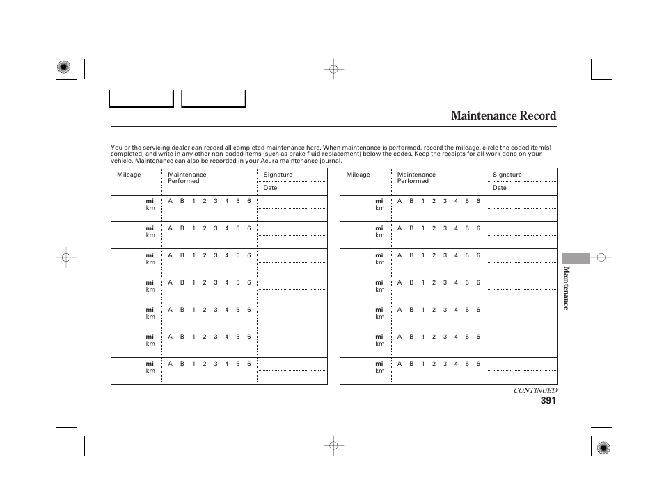 Maintenance record | Acura 2007 RL - Owner's Manual User Manual | Page 393 / 491