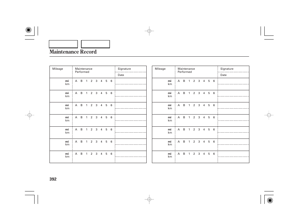 Maintenance record | Acura 2007 RL - Owner's Manual User Manual | Page 394 / 491