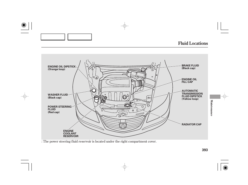 Fluid locations | Acura 2007 RL - Owner's Manual User Manual | Page 395 / 491