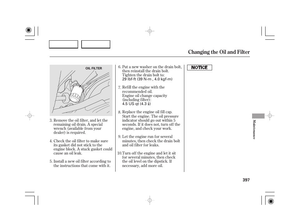 Changing the oil and filter | Acura 2007 RL - Owner's Manual User Manual | Page 399 / 491