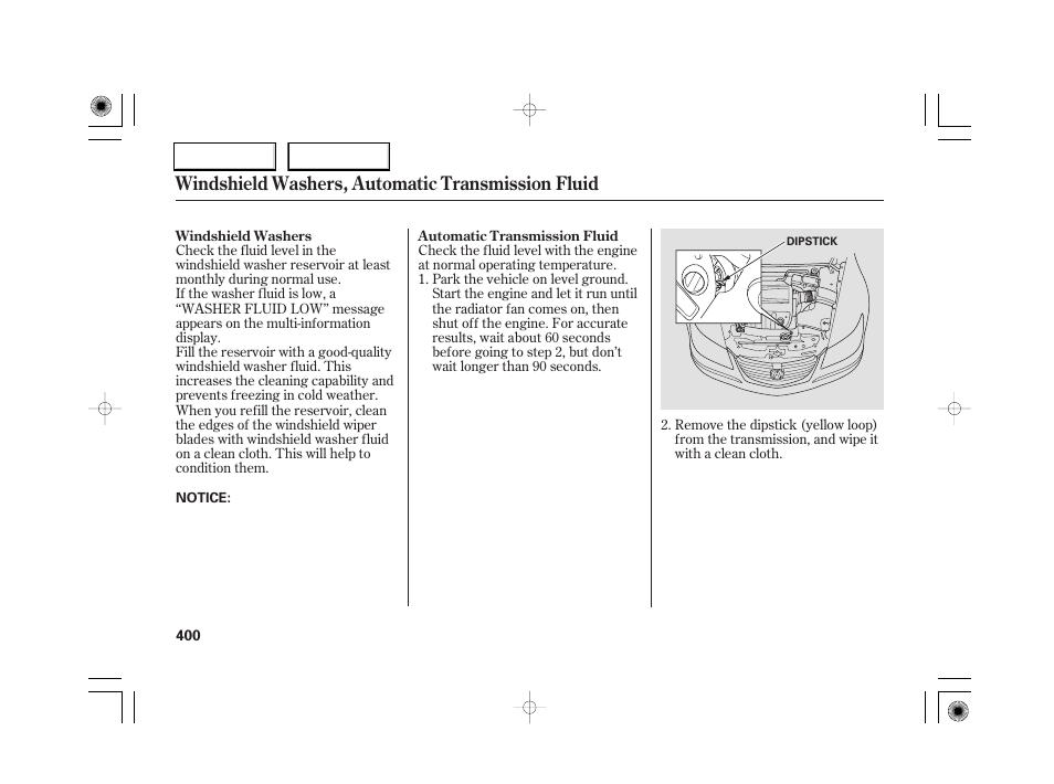 Windshield washers, automatic transmission fluid | Acura 2007 RL - Owner's Manual User Manual | Page 402 / 491