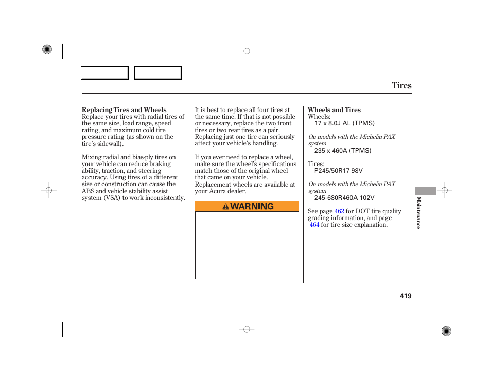 Tires | Acura 2007 RL - Owner's Manual User Manual | Page 421 / 491