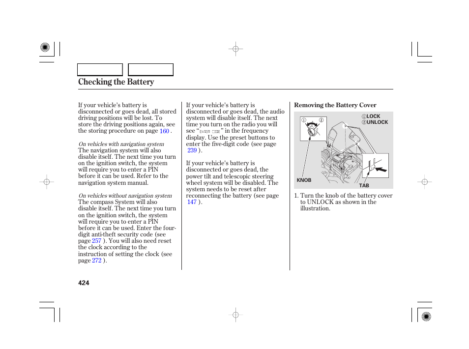 Checking the battery | Acura 2007 RL - Owner's Manual User Manual | Page 426 / 491