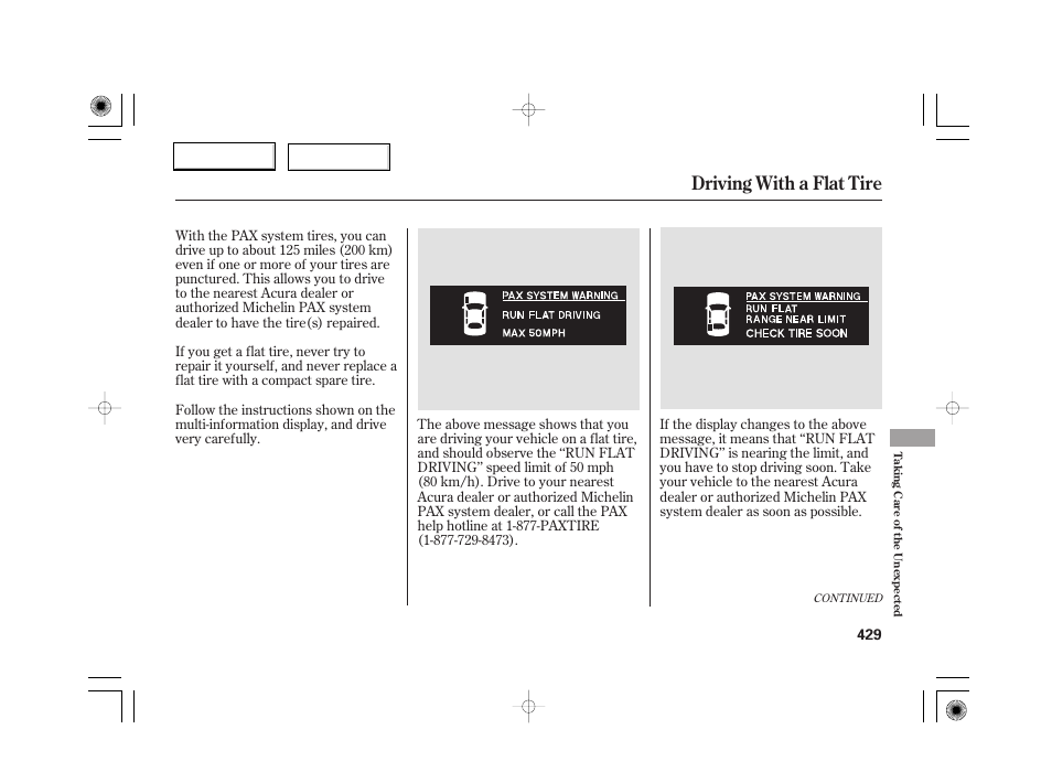 Driving with a flat tire | Acura 2007 RL - Owner's Manual User Manual | Page 431 / 491