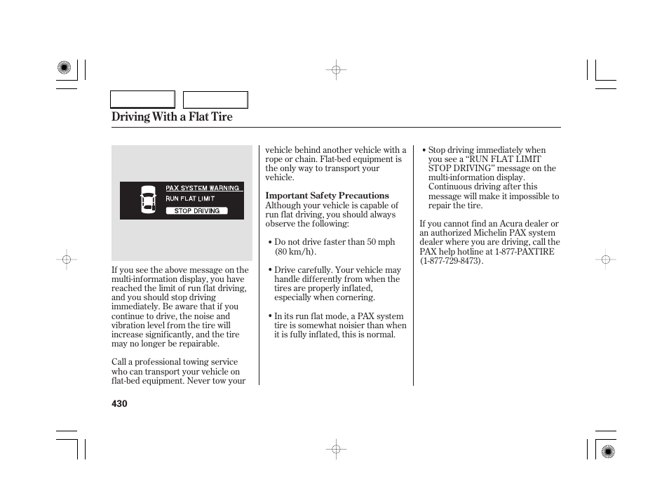 Driving with a flat tire | Acura 2007 RL - Owner's Manual User Manual | Page 432 / 491