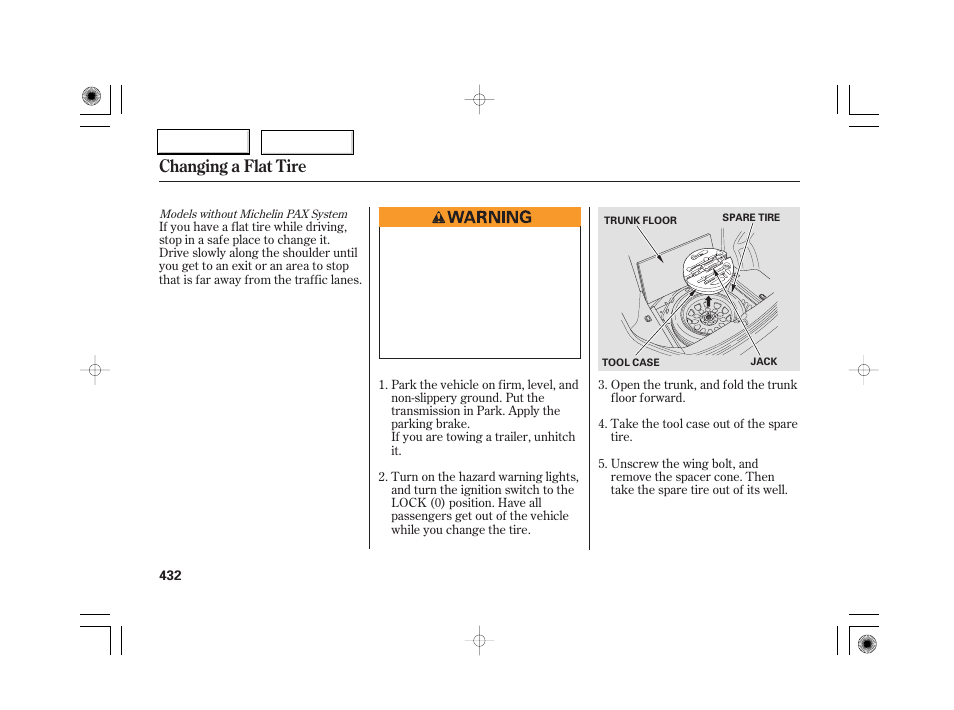Changing a flat tire | Acura 2007 RL - Owner's Manual User Manual | Page 434 / 491