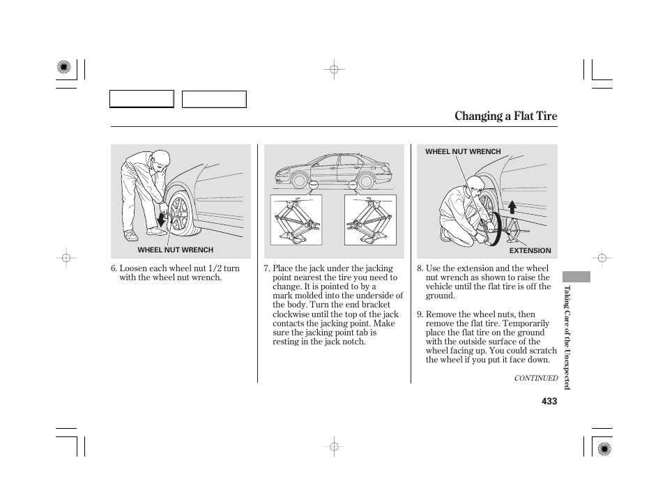 Changing a flat tire | Acura 2007 RL - Owner's Manual User Manual | Page 435 / 491