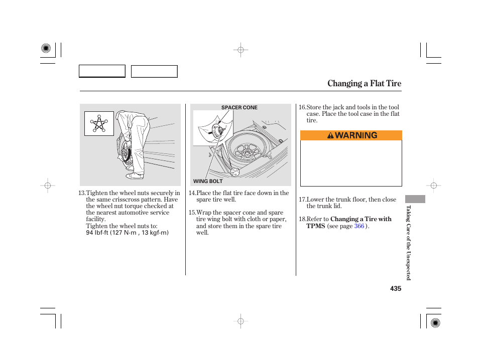 Changing a flat tire | Acura 2007 RL - Owner's Manual User Manual | Page 437 / 491