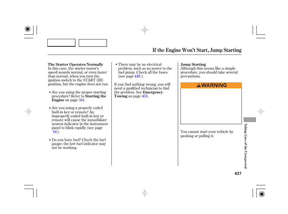 If the engine won’t start, jump starting | Acura 2007 RL - Owner's Manual User Manual | Page 439 / 491