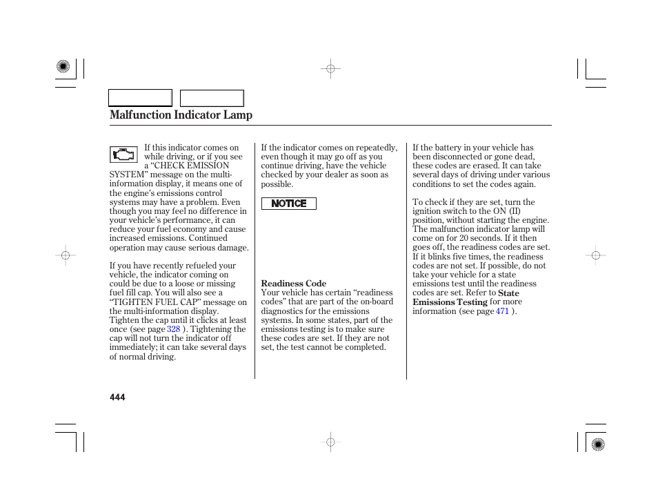 Malfunction indicator lamp | Acura 2007 RL - Owner's Manual User Manual | Page 446 / 491