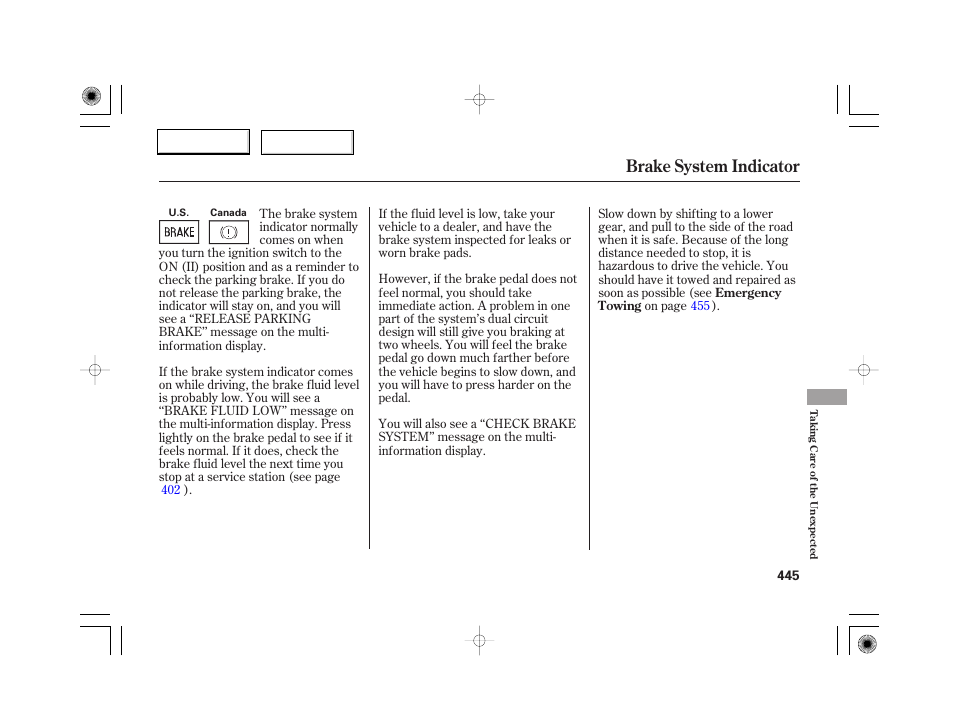 Brake system indicator | Acura 2007 RL - Owner's Manual User Manual | Page 447 / 491