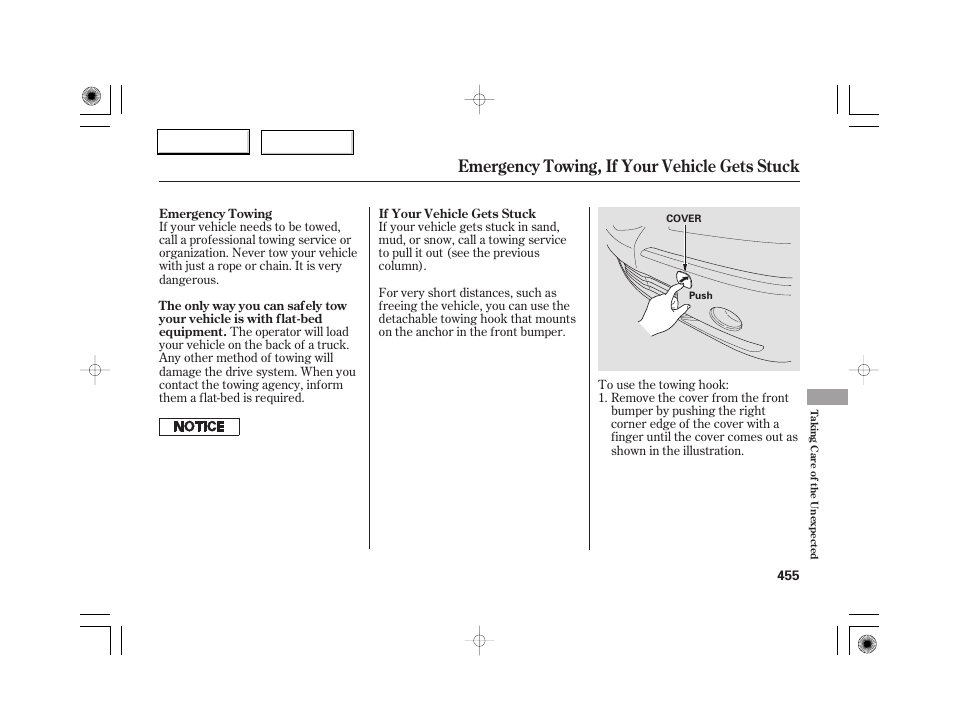Emergency towing, if your vehicle gets stuck | Acura 2007 RL - Owner's Manual User Manual | Page 457 / 491