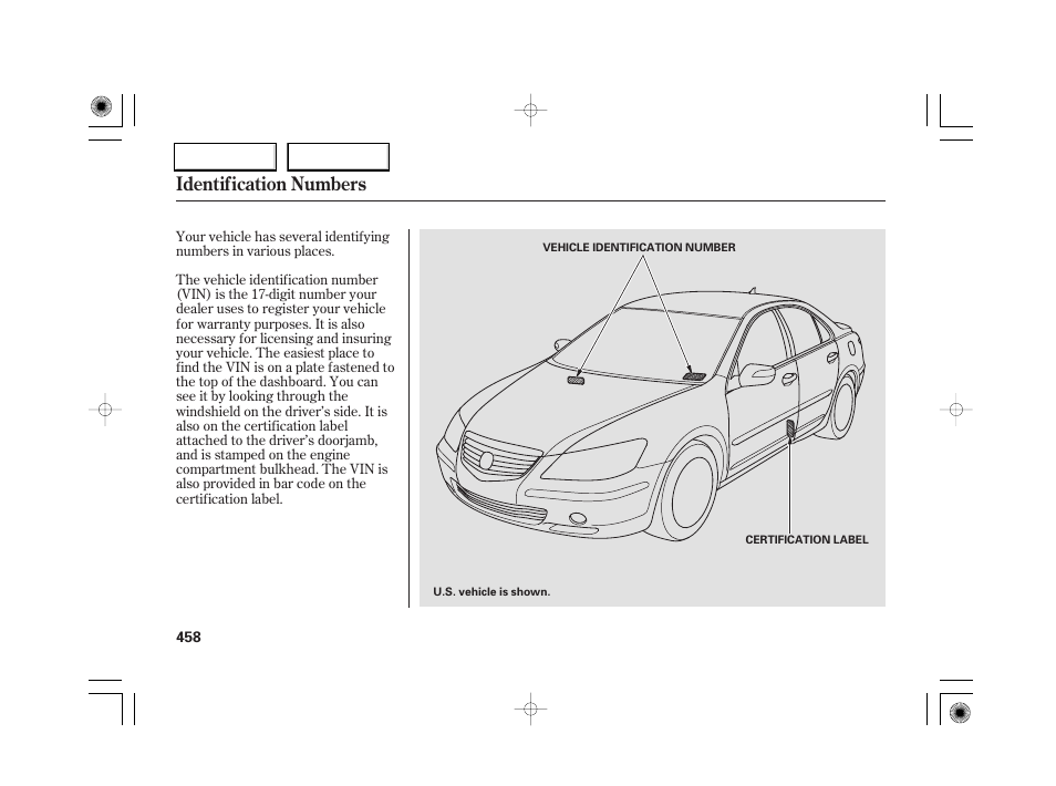 Identification numbers | Acura 2007 RL - Owner's Manual User Manual | Page 460 / 491