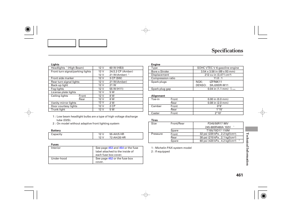 Specifications | Acura 2007 RL - Owner's Manual User Manual | Page 463 / 491
