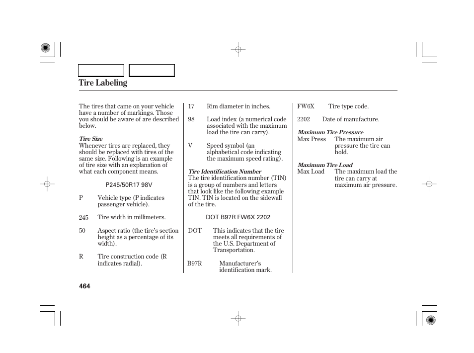 Tire labeling | Acura 2007 RL - Owner's Manual User Manual | Page 466 / 491