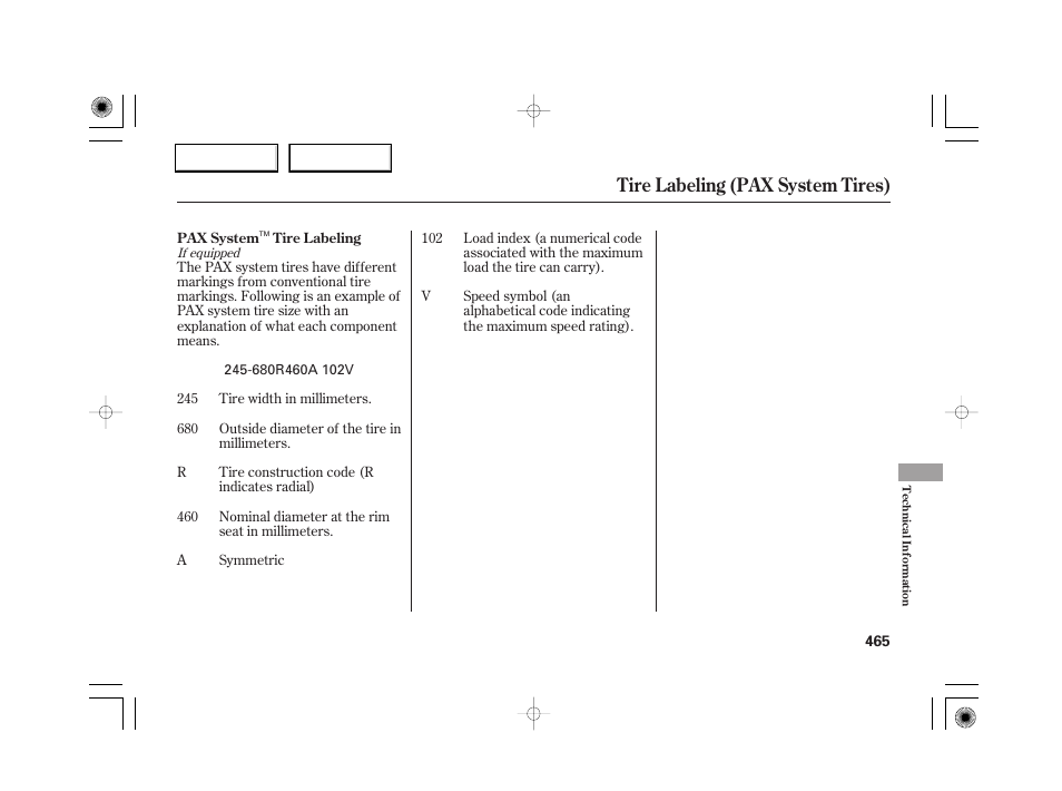 Tire labeling (pax system tires) | Acura 2007 RL - Owner's Manual User Manual | Page 467 / 491