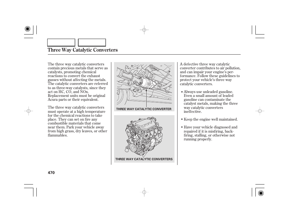 Three way catalytic converters | Acura 2007 RL - Owner's Manual User Manual | Page 472 / 491