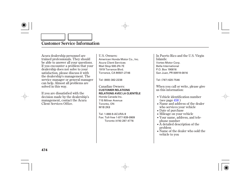 Customer service information | Acura 2007 RL - Owner's Manual User Manual | Page 476 / 491