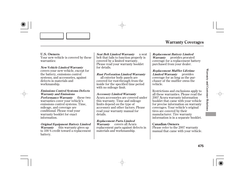Warranty coverages | Acura 2007 RL - Owner's Manual User Manual | Page 477 / 491