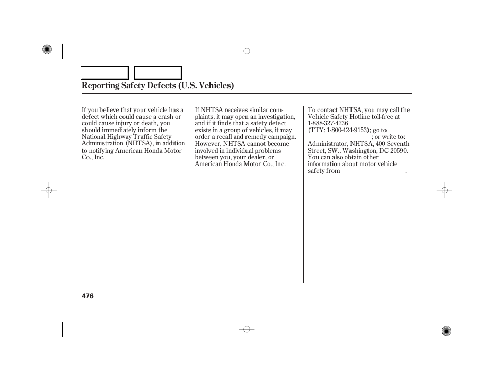 Reporting safety defects (u.s. vehicles) | Acura 2007 RL - Owner's Manual User Manual | Page 478 / 491