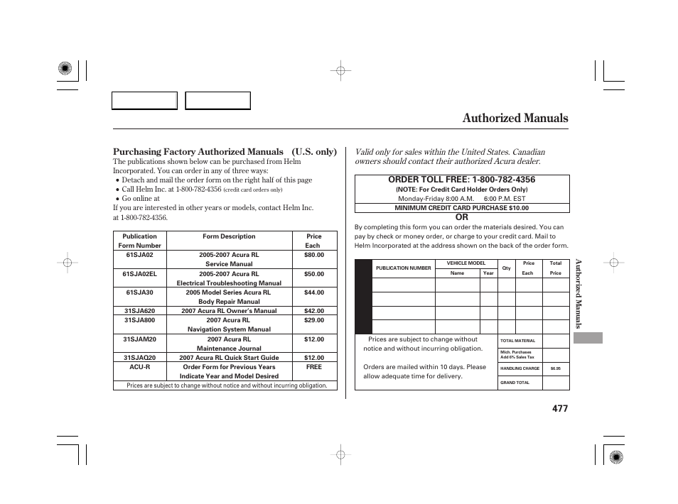 Authorized manuals | Acura 2007 RL - Owner's Manual User Manual | Page 479 / 491