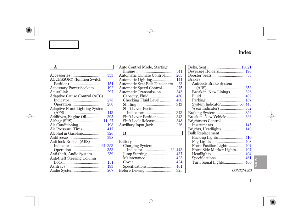Index | Acura 2007 RL - Owner's Manual User Manual | Page 481 / 491