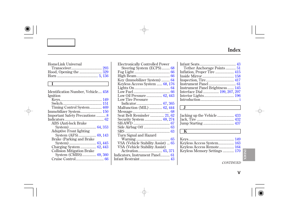 Index | Acura 2007 RL - Owner's Manual User Manual | Page 485 / 491