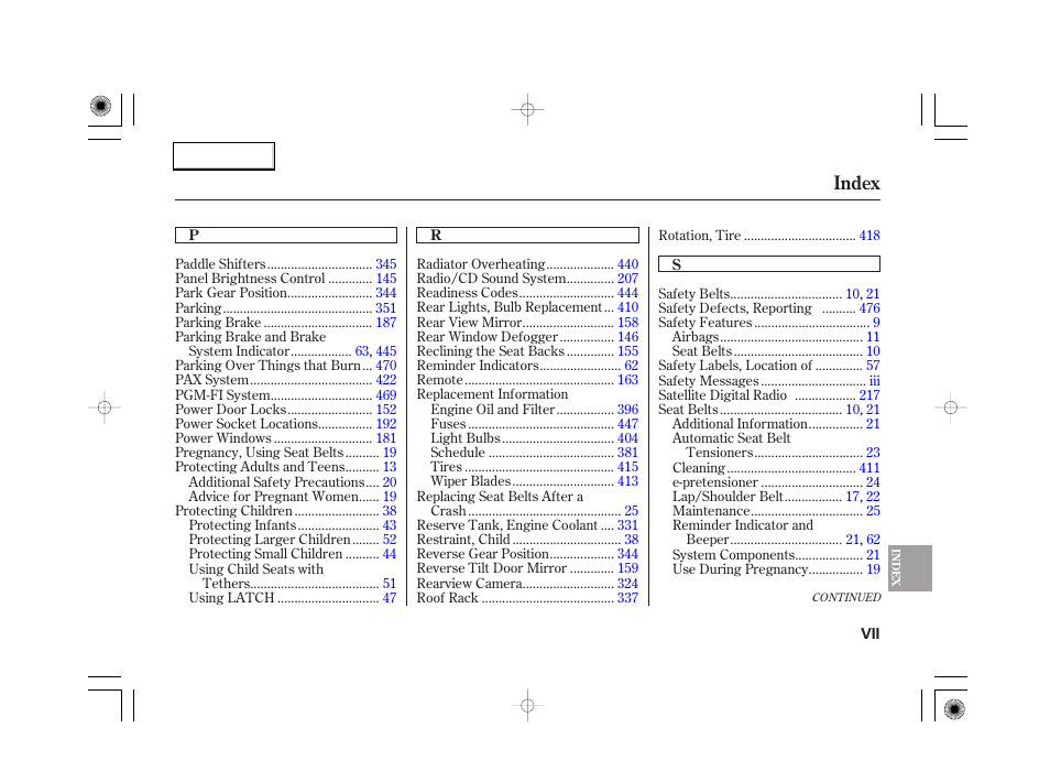 Index | Acura 2007 RL - Owner's Manual User Manual | Page 487 / 491