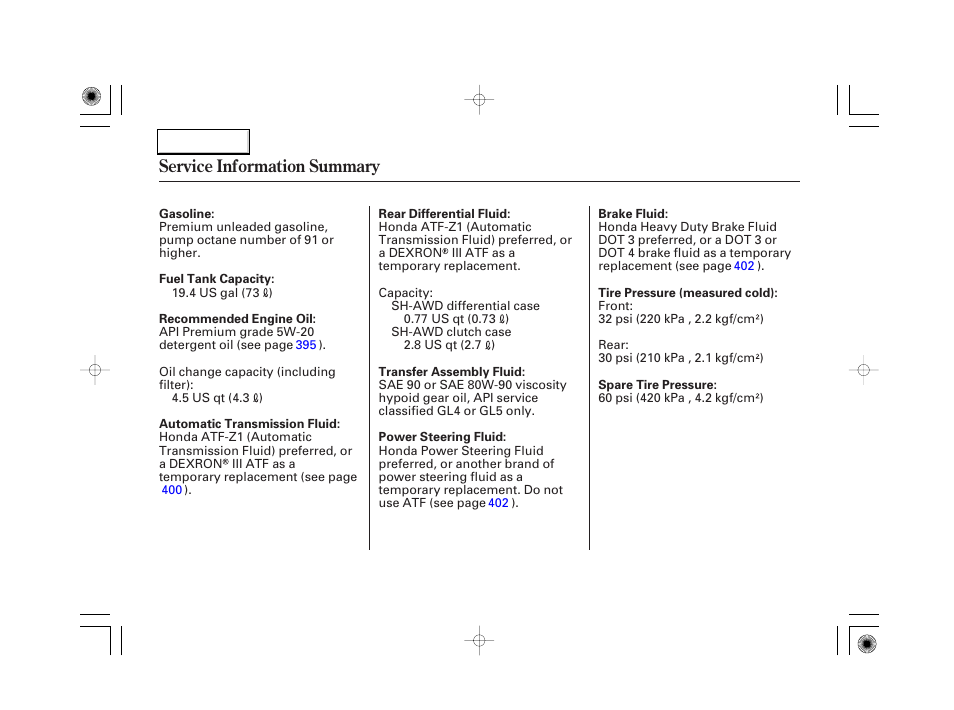 Service information summary | Acura 2007 RL - Owner's Manual User Manual | Page 491 / 491